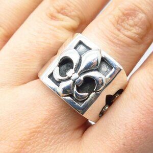 925 Sterling Silver Vintage Fleur-De-Lis Wide Ring Size 8